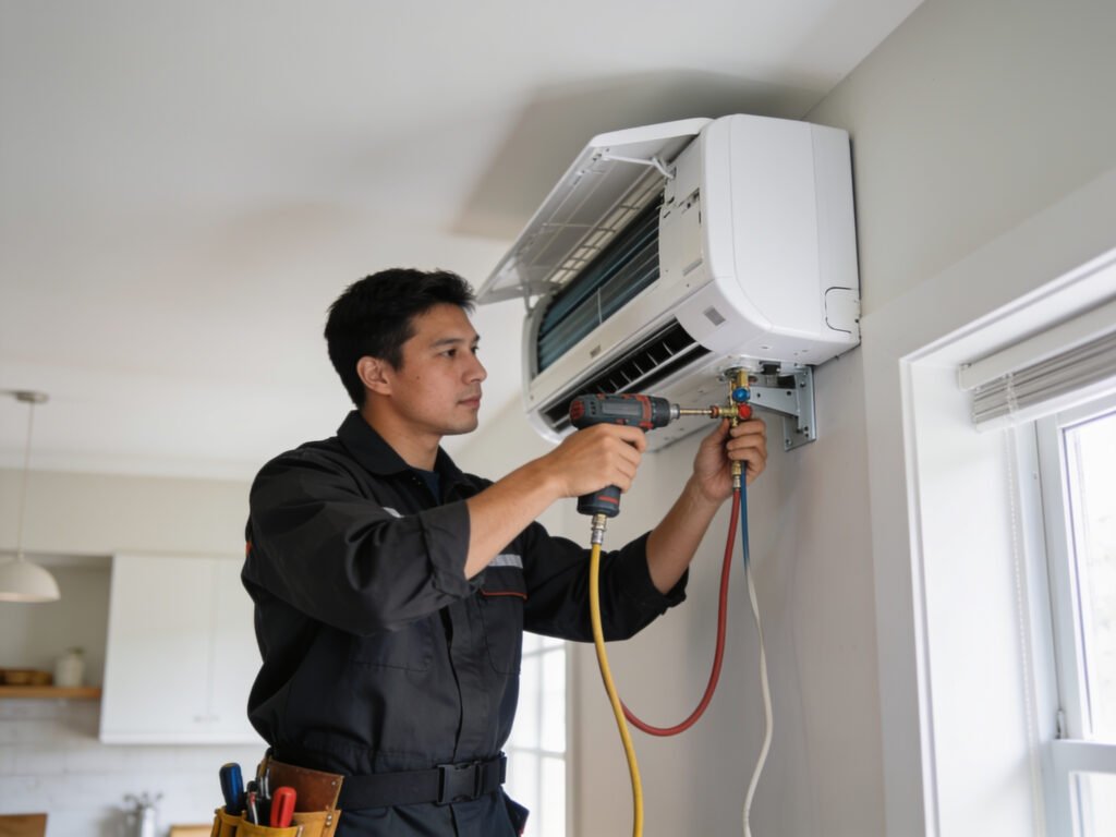 HVAC technician installing a ductless mini-split system IN Wilkes-BARRE