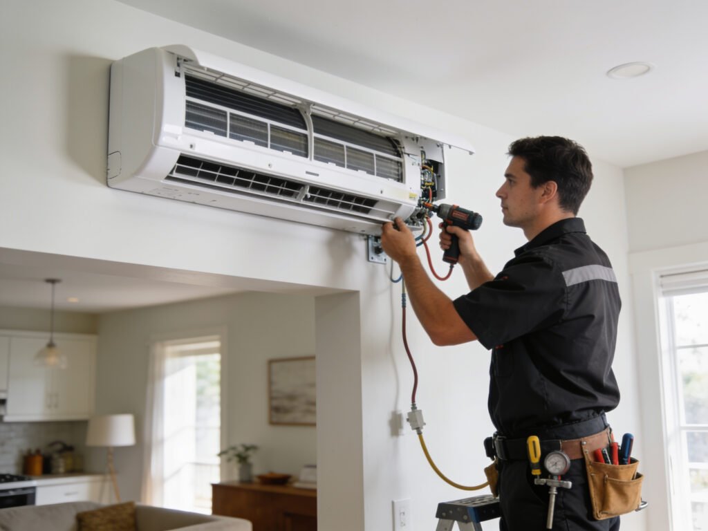 HVAC technician installing a ductless mini-split system