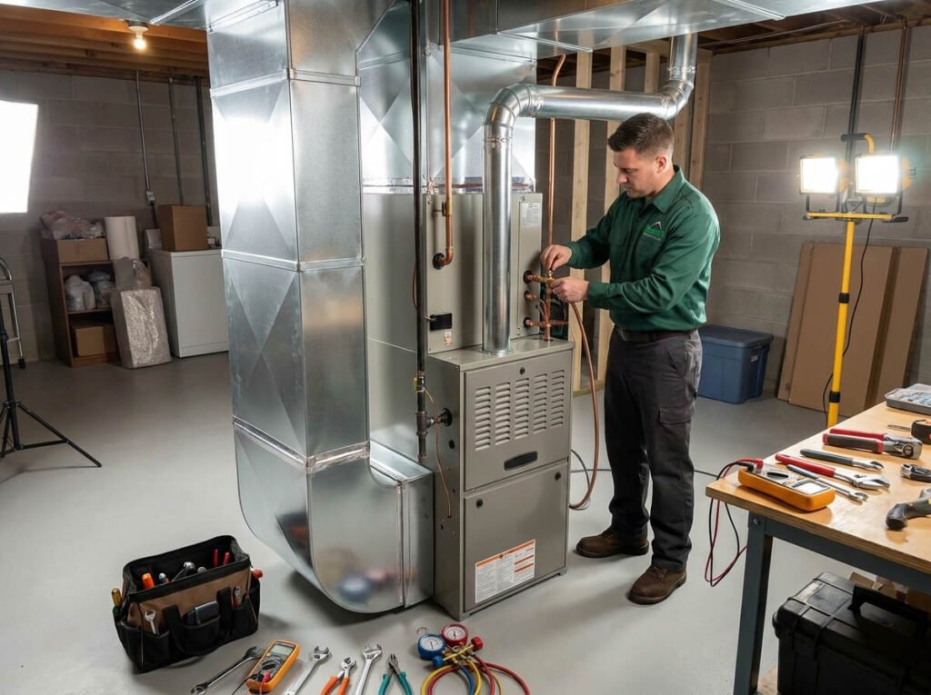 Technician performing heating maintenance in a Harveys Lake home