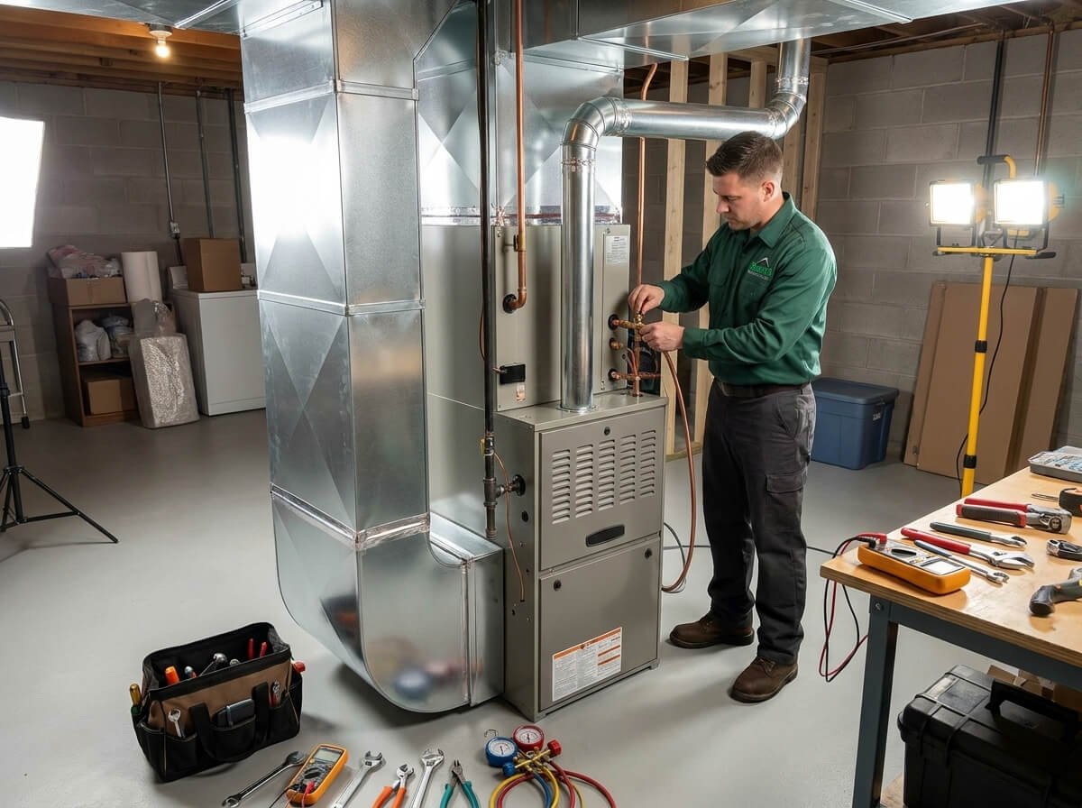 Technician performing heating maintenance in a Harveys Lake home